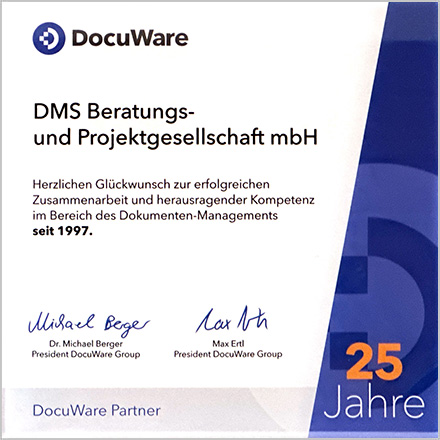 Die DMS GmbH wurde als DocuWare Partner für 25 Jahre erfolgreiche Zusammenarbeit und herausragende Kompetenz ausgezeichnet.