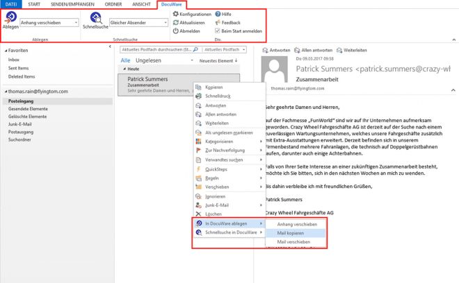 Verschiedene Ablage- und Suchmöglichkeiten für die E-Mail Archivierung mit DocuWare Connect to Outlook